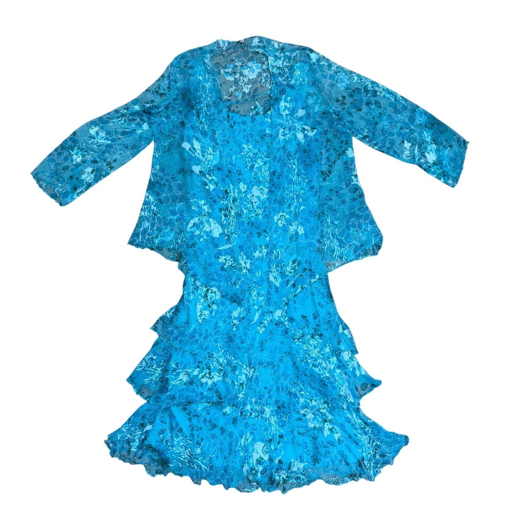 Silk Floral Burnout beaded Tiered Dress‎ & Jacket Set 14 Fairy whimsy blue